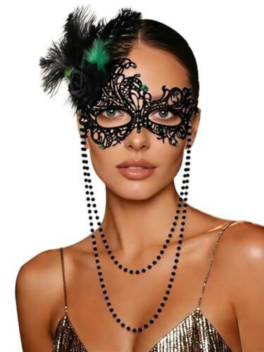 5681 Luxury Black Masquerade Lace Mask 1920s Feather Venetian Costume Masks